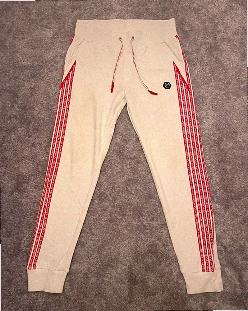 Philipp Plein Herren Jogginghose L weiß/rot Seitenstreifen Baumwolle tapered