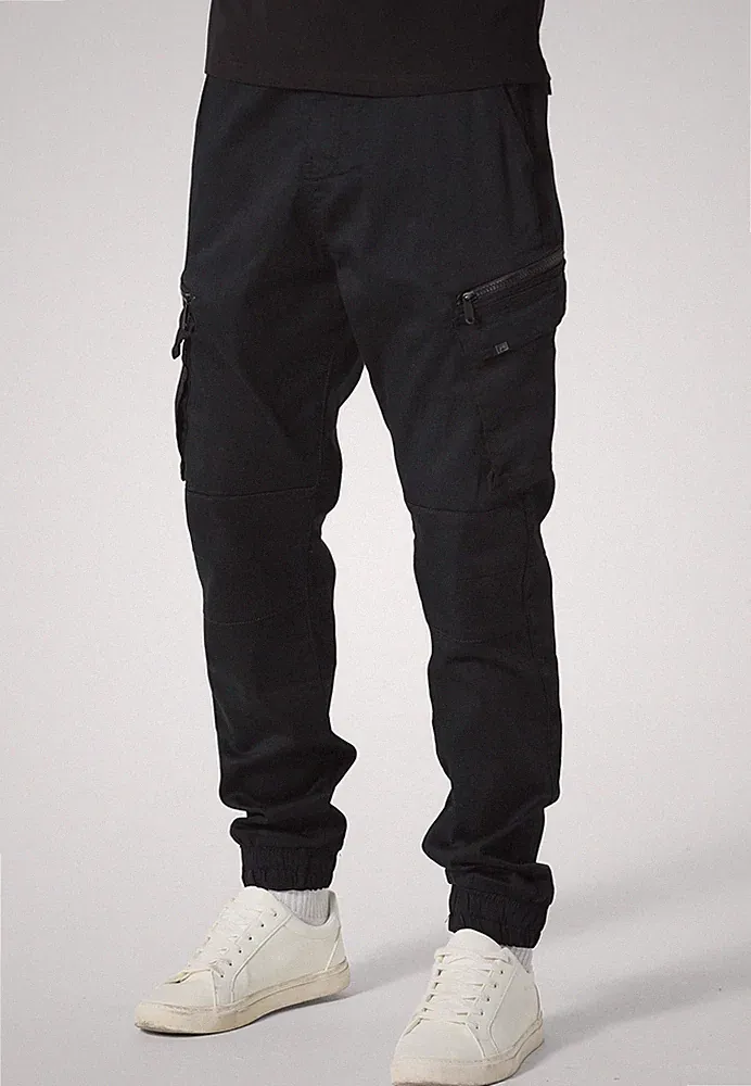 Police Herren Cargo Hose Combat Chino Slim Baumwolle Stretch Jogginghose Schwarz