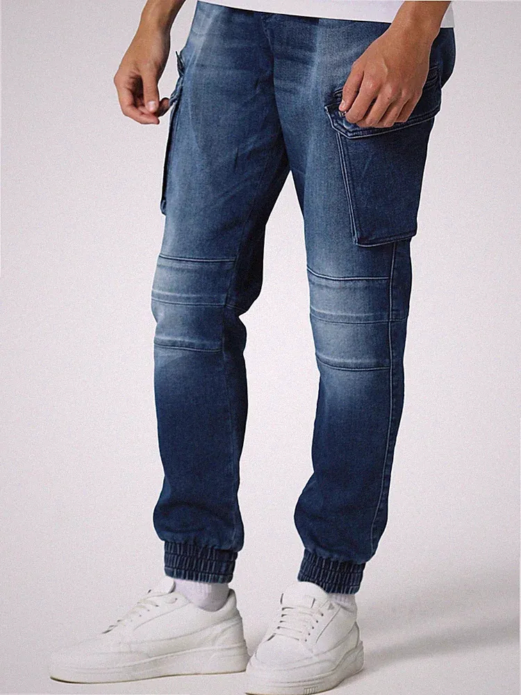 Police Herren Cargohose Combat Denim Jeans Baumwolle Stretch Jogginghose Blau