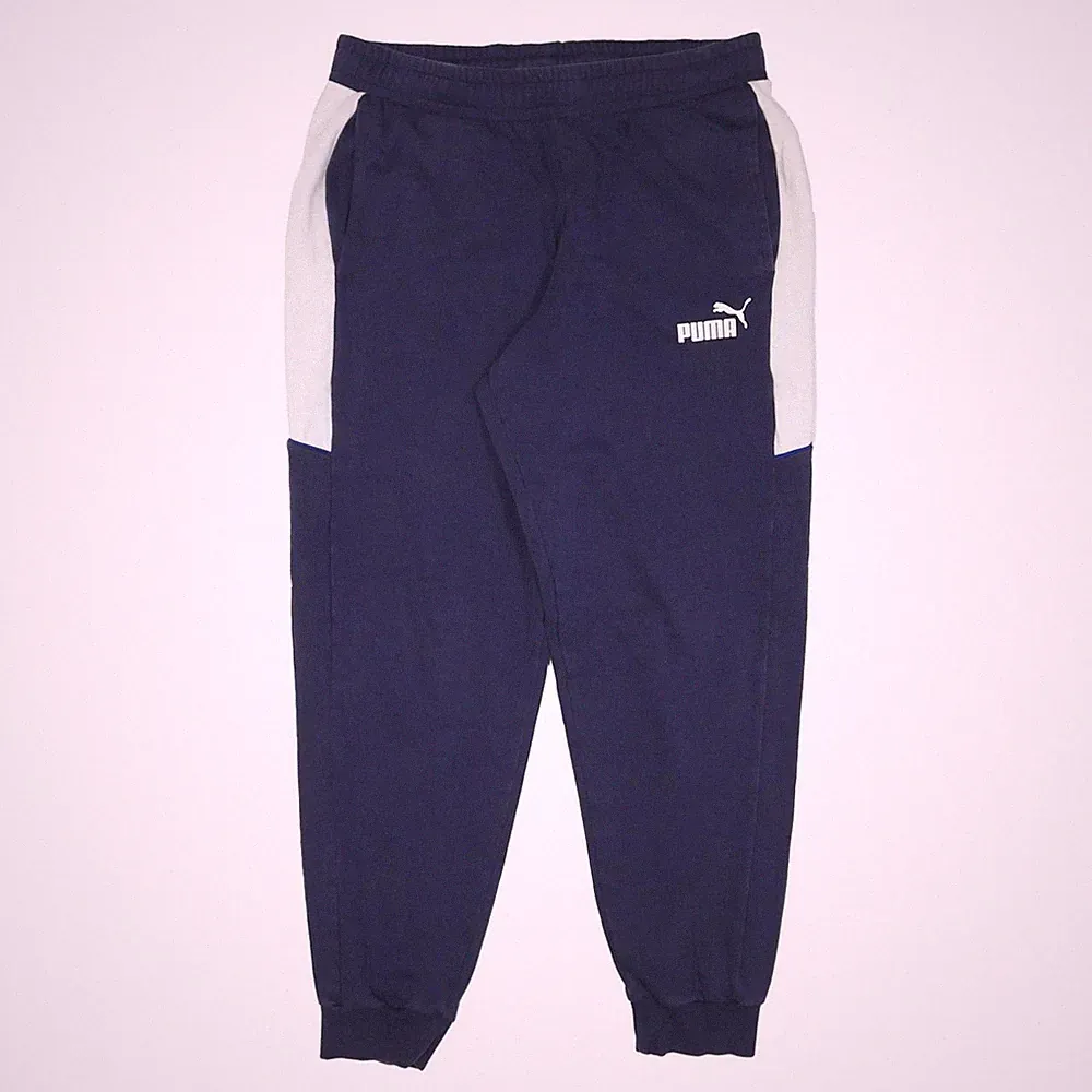 PUMA Herren Jogger W34 L29 Navy Blau Weiß Slim Tapered Baumwollmix