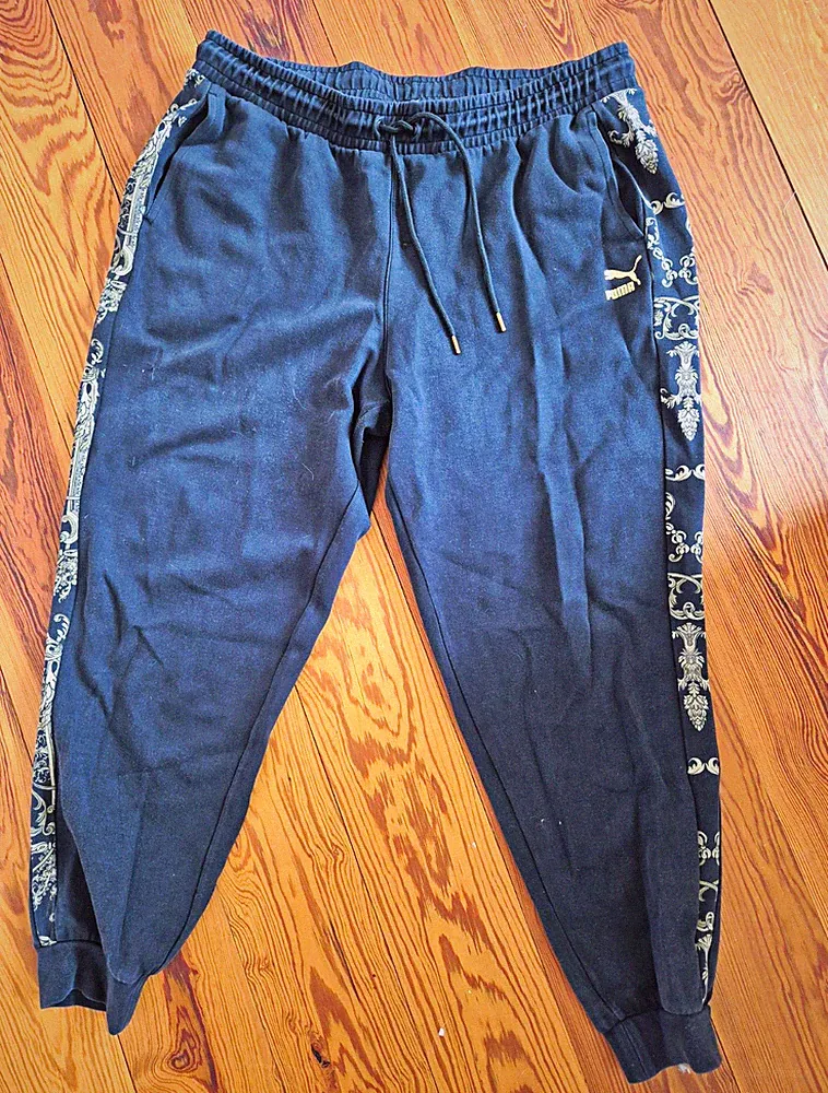 PUMA Herren Jogginghose Baumwolle 2XL Schwarz/Gold Musterstreifen Zugband