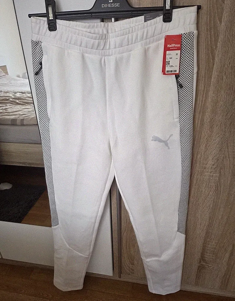 PUMA Herren Jogginghose Slim Fit Tapered elastischer Bund Weiß/Grau Gr. M