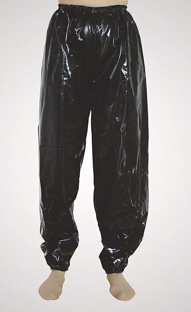 PVC Hose Jogginghose Pants Bottoms Pull On Vinyl Kunststoff Herren Damen glänzend schwarz