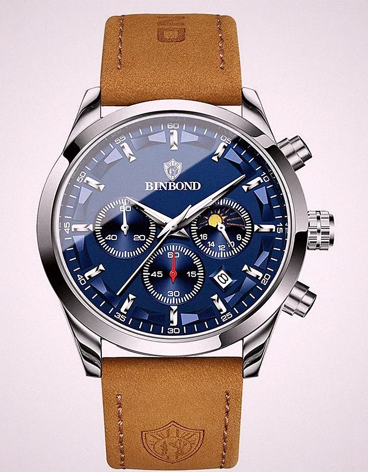 Quarzuhr Chronograph Herren-Uhren Analog Quarzunhr Leder Armbanduhr Wasserdicht