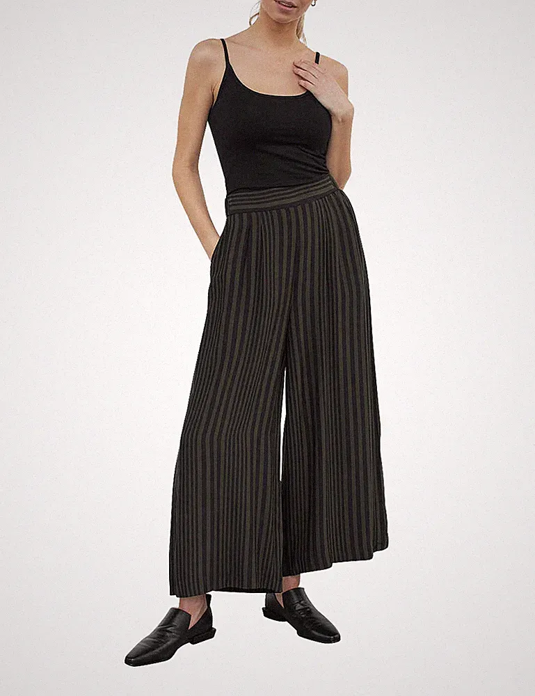 RE-ZO Damen gestreifte Palazzo-Hose High-Waist Marlenehose elastischer Bund