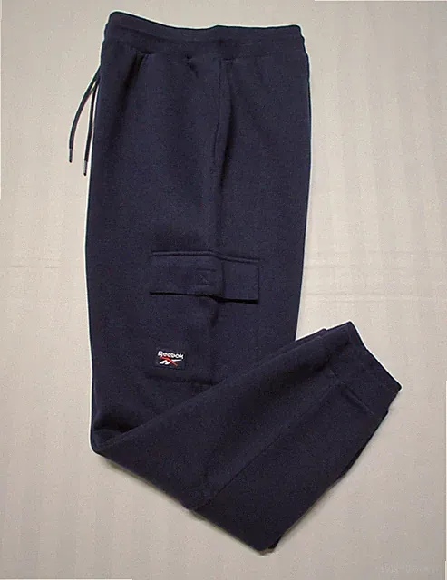 REEBOK Men's Ford Cargo Pocket Navy Cotton-Blend Fleece Cuffed Jogger Pant
