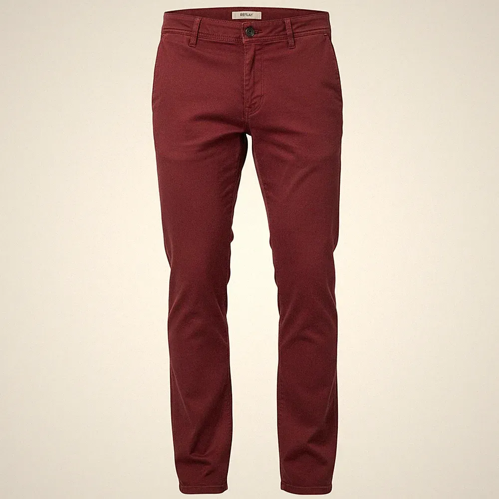 REPLAY Tom M9597 Herren Chino-Hose W34/L32 Dunkelrot Mit Reißverschluss Regular