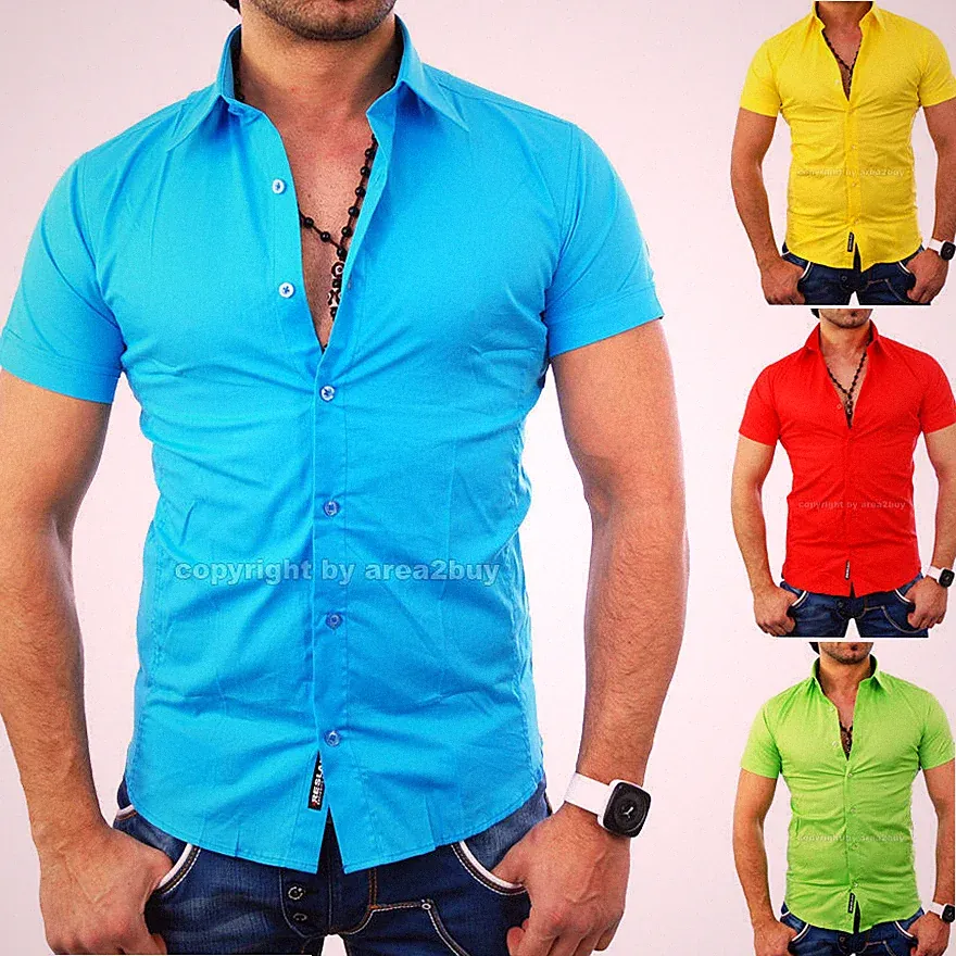 Reslad Herren Kurzarm-Hemd Uni Freizeithemd Sommer Slim Fit Männer Hemd RS-7020