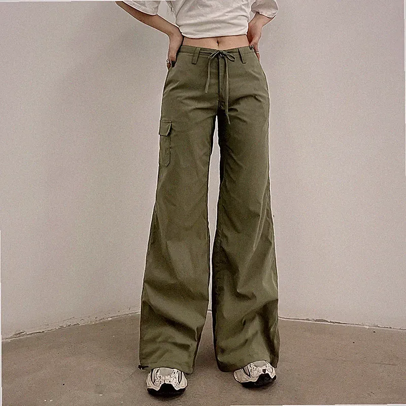 Retro Damen Weites Bein Schlaghose Niedrige Taille Locker Freizeit Mit Hose Y2K