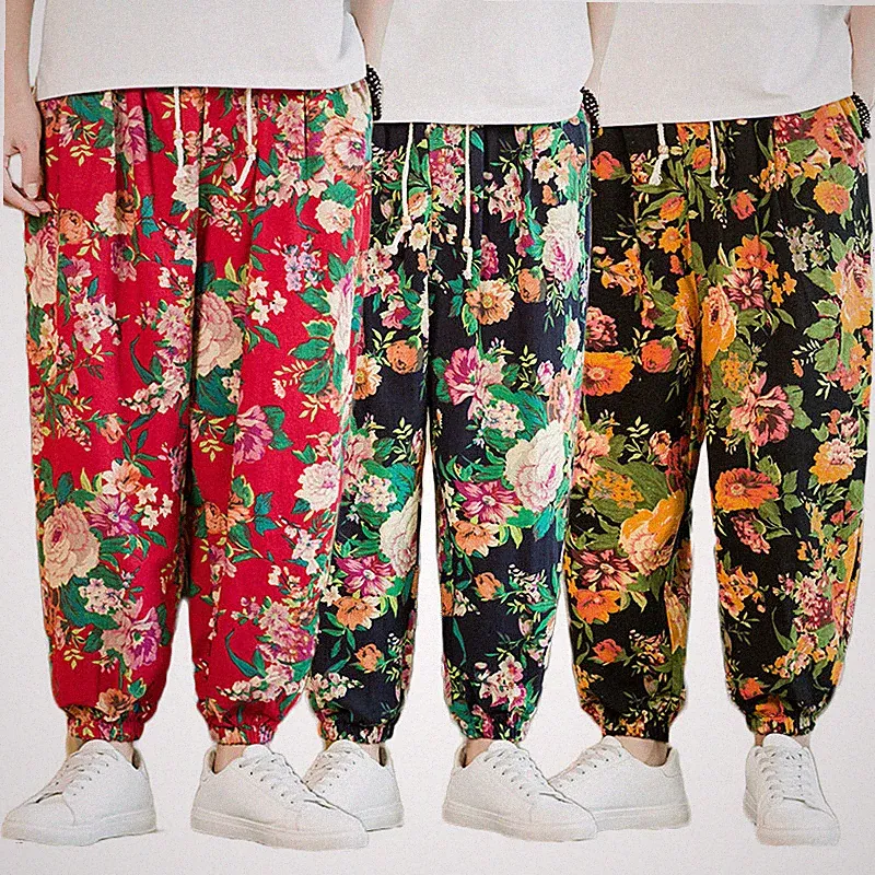 Retro Herren Blumenmuster Konisch Baggy Hose Gummibund Jogginghose Pluderhose