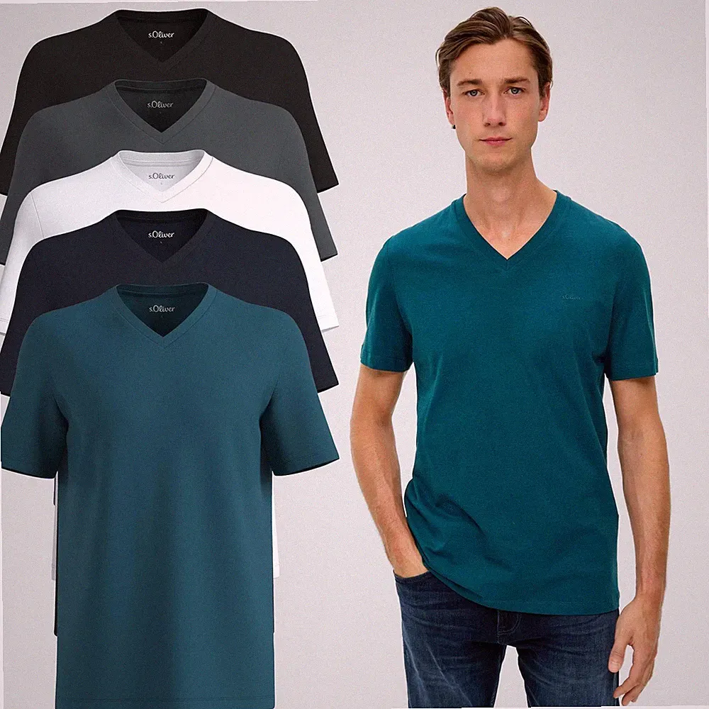 S.OLIVER Herren T-Shirt kurzarm V-Ausschnitt Baumwolle Regular Fit einfarbig