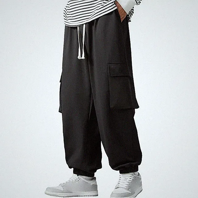 Schwarz Herren Loose Fit Jogginghose Paket Fuß Gummibund Kordelzug Jogger