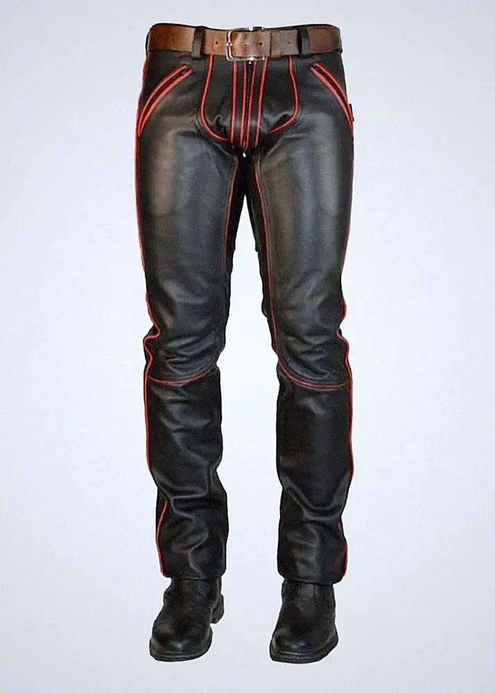 Schwarze Herren Motorrad Leder Jogginghose. Echtes weiches Lammleder Biker Jeans