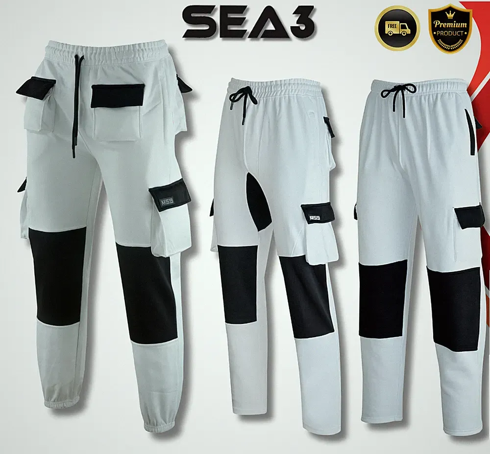 SEA3 Herren Fleece Maler Dekorateure Combat Cargo Arbeitshose weiß Jogginghose
