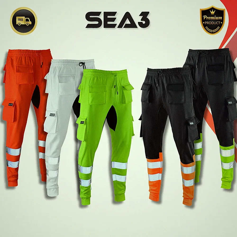 SEA3 Herren Hi Viz High Visibility Fleece Cargo Arbeitshose Jogginghose