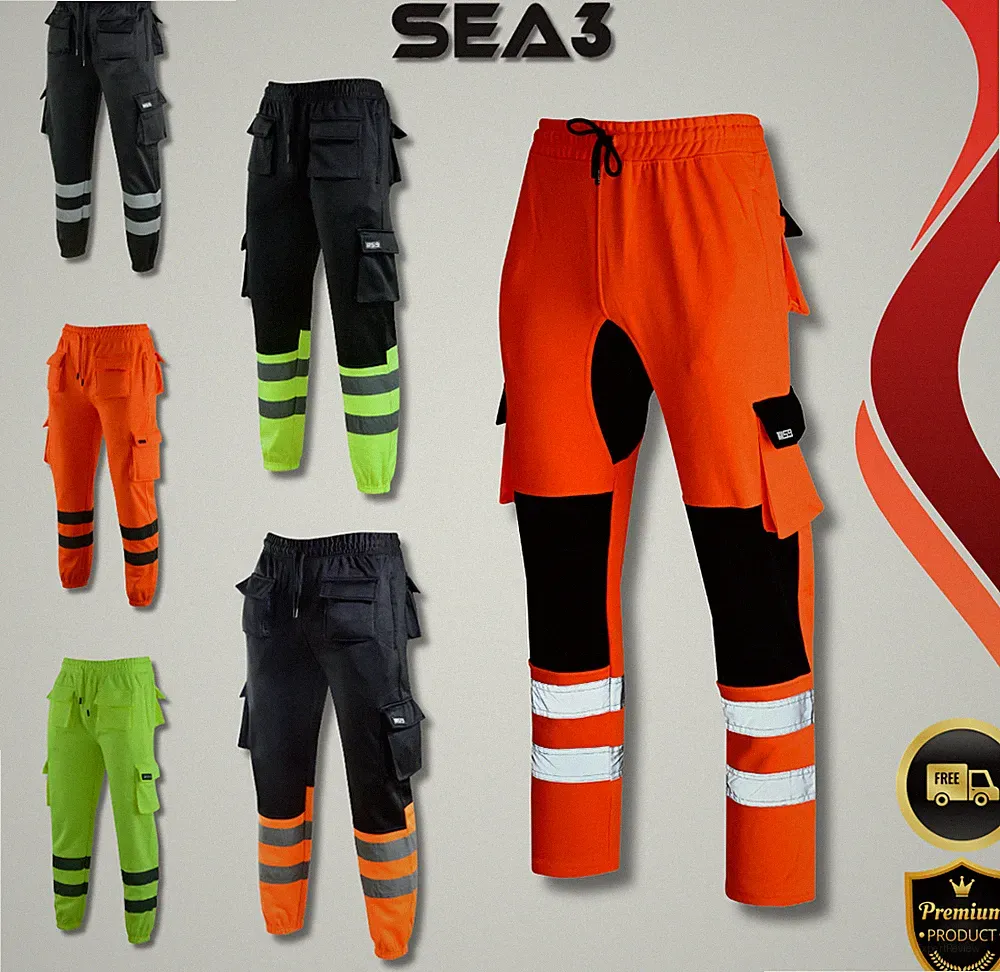 SEA3 Herren Hi Viz Warnschutz Sicherheits Fleece Cargo Arbeitshose Jogginghose
