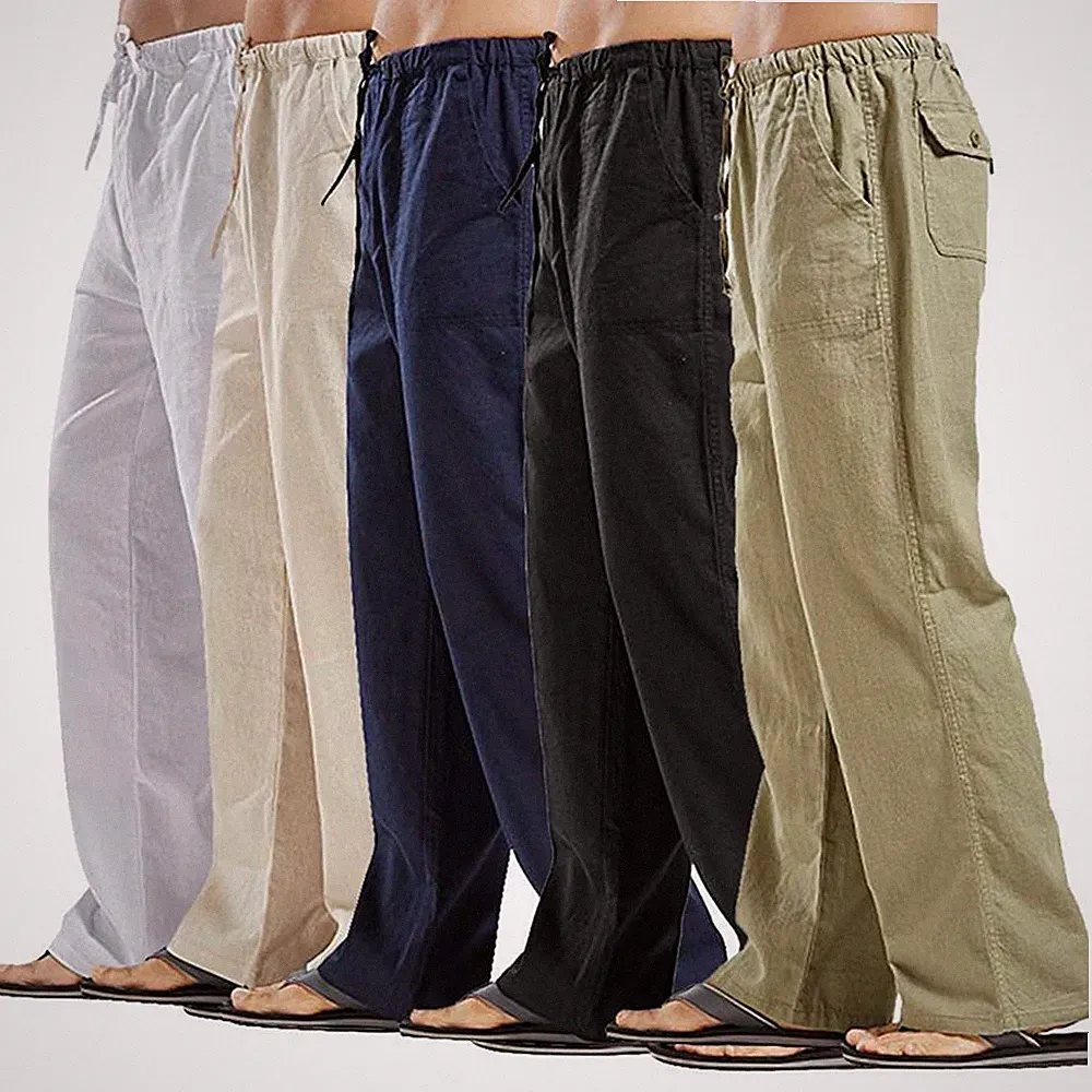 Sommer Herren Leinenhose Freizeit Lose Kordelzug Stoffhose Fitness Jogginghosen