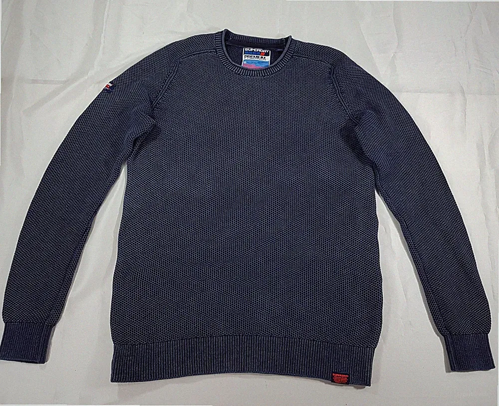 SUPERDRY GR. M HERREN NAVY ACID WASH BAUMWOLLE WABEN STRICK PULLOVER PULLI JUMPE