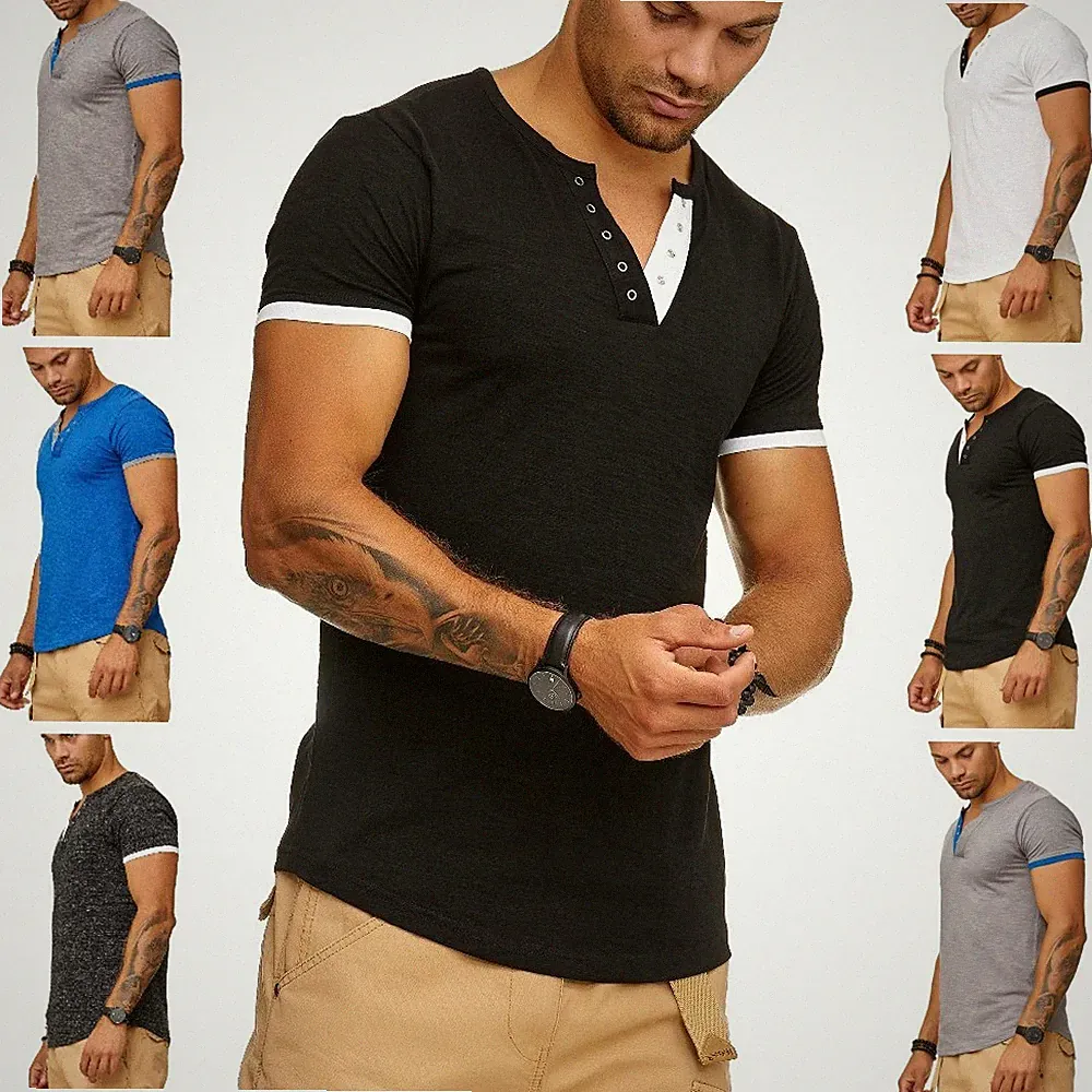 T-Shirt Herren mit V-Ausschnitt und Knopfleiste aus 100% Baumwolle Slim Fit NEU