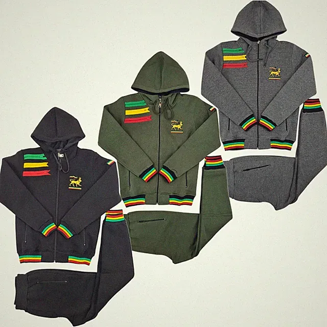 Time Is Money Herren Rasta Löwe Trainingsanzug 3 Streifen Zip Kapuzen-Set