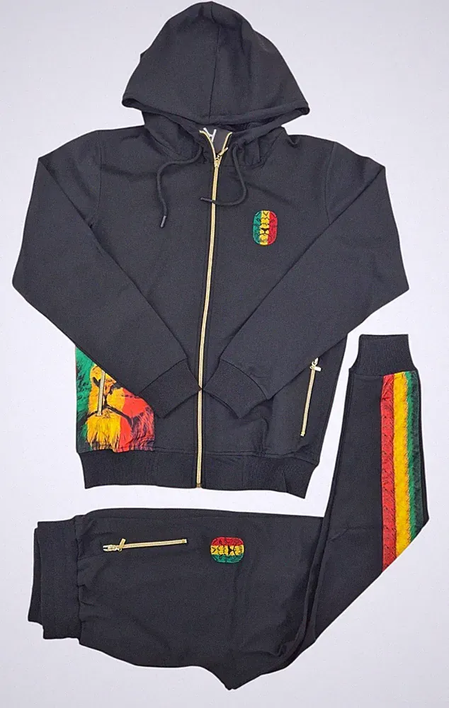Time Is Money Herren Slim Fit Rasta Löwe Trainingsanzug Schwarz – Reggae Jamaika