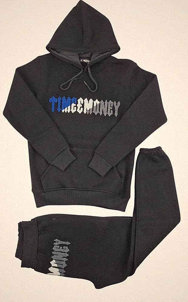 Time Is Money Herren Trainingsanzug Set Hoodie & Jogger Fleece Schwarz