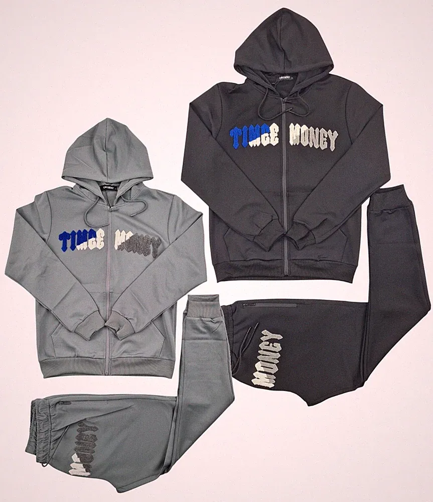 Time Is Money Herren Trainingsanzug Set Hoodie Jogginghose Schwarz Grau 2-tlg