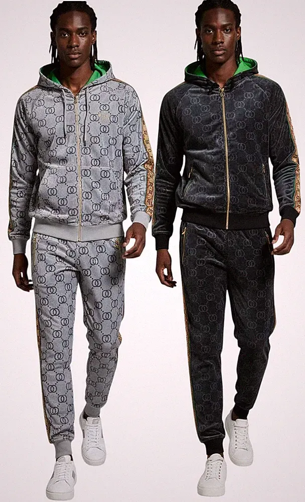 Time Is Money Herren Velour Trainingsanzug Slim Fit Kapuze Jogger Satz Black S