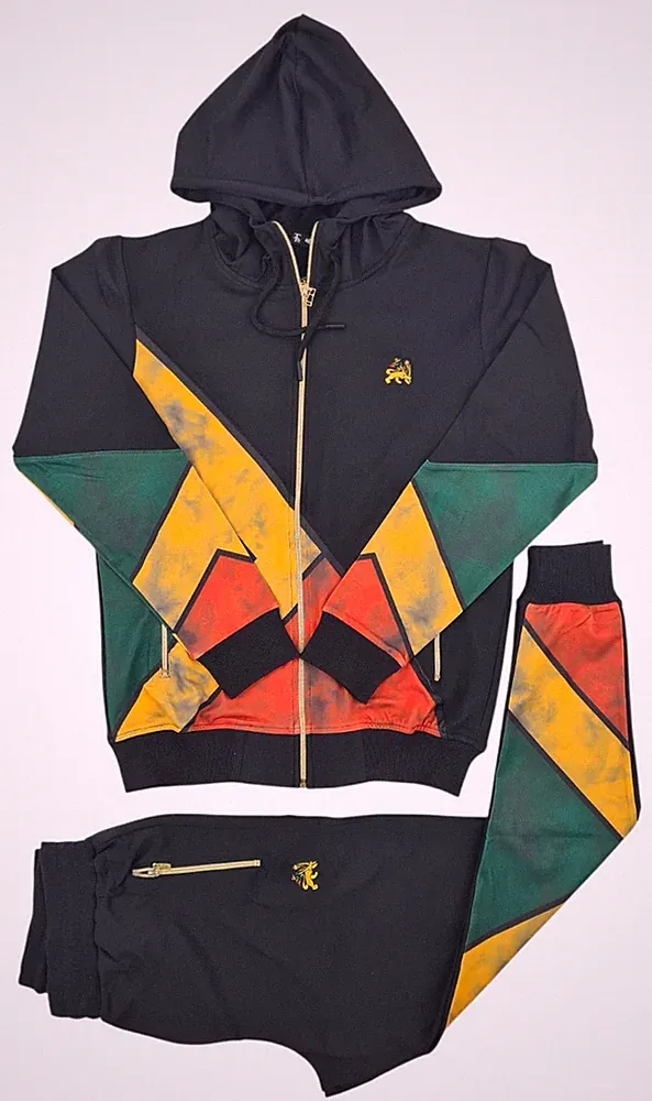 Time Is Money Slim Fit Rasta Lion Hoodie Tracksuit – Schwarz Herren Reggae