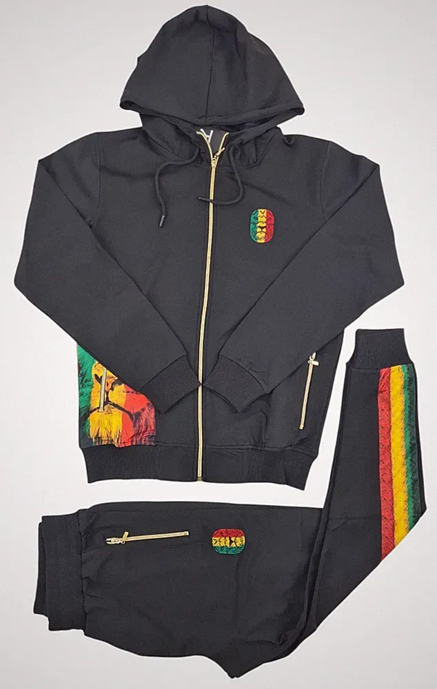 Time Is Money Slim Fit Rasta Lion Tracksuit Schwarz Herren Reggae Jogginganzug