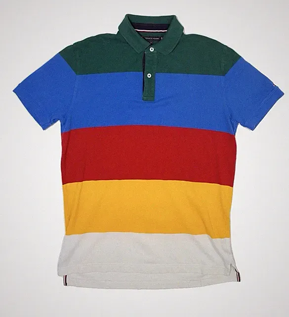 TOMMY HILFIGER Herren Poloshirt Regenbogen Gestreift Gr. Large Regular Fit Vintage