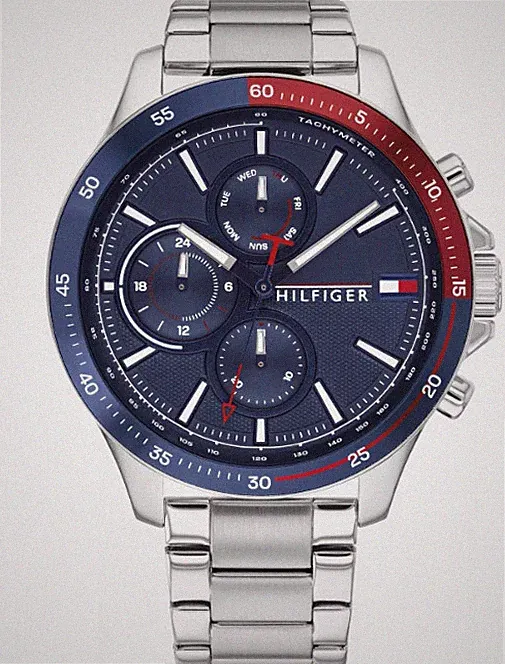 Tommy Hilfiger Herren Quarz Uhr 1791718 Edelstahl blaues Zifferblatt 46mm NEU