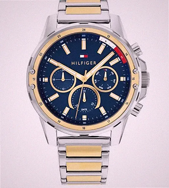 Tommy Hilfiger Herrenuhr 1791937 zweifarbig Edelstahl blaues Zifferblatt 45 mm