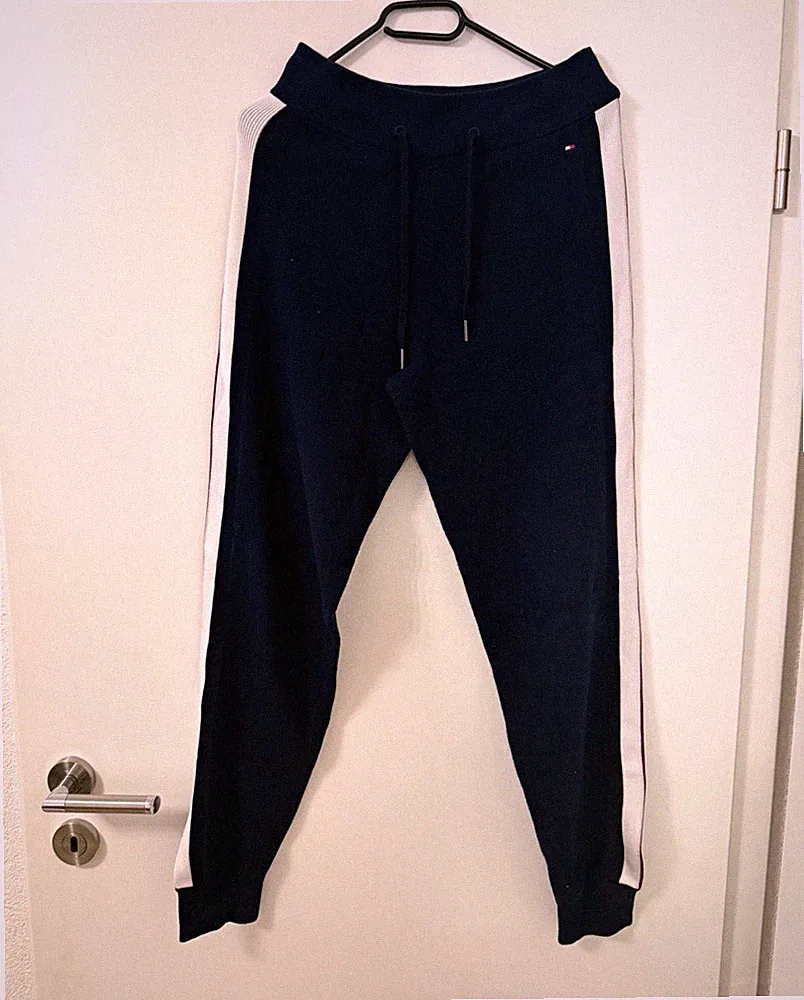 Tommy Hilfiger Jogginghose Strick Damen Gr. S blau Streifen weiß/rot Logo