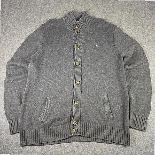 Tommy Hilfiger Strickjacke Herren 2XL XXL Grau High Neck Strick Knopf Pullover Logo