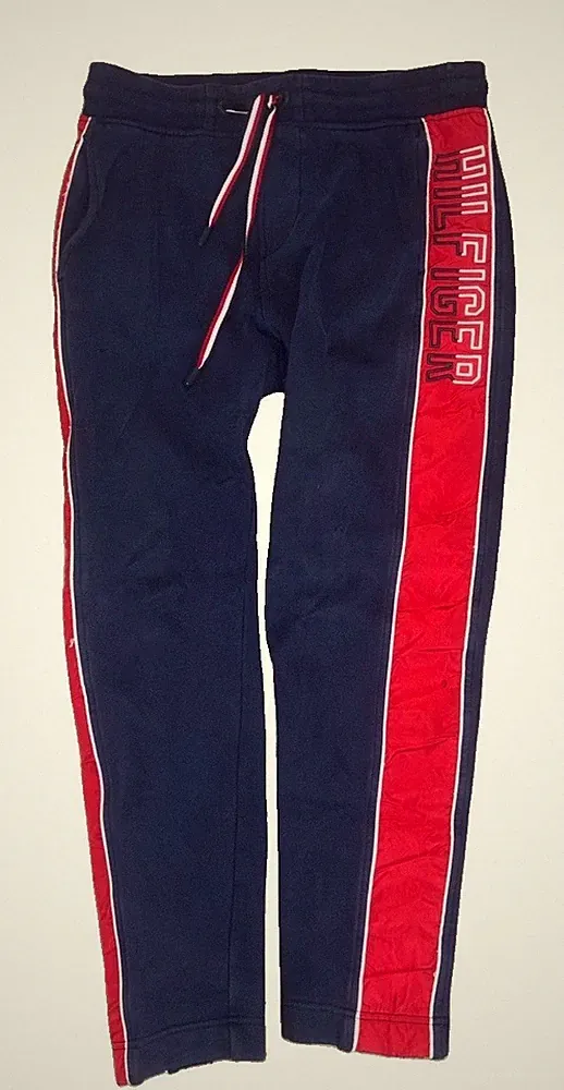 Tommy Hilfiger Sweat Pants Men’s Small Blue With Red Stripe Fleece Jogger Y2K
