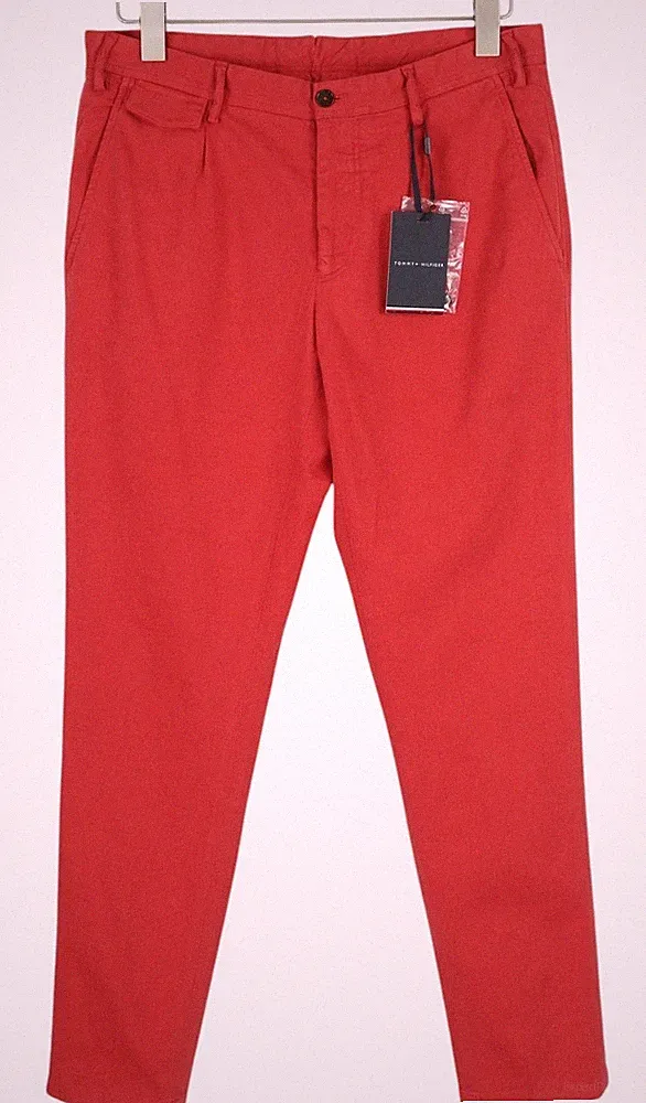 TOMMY HILFIGER Twill Stretch Herren Chino Hose W33 Slim Fit Rot Zip