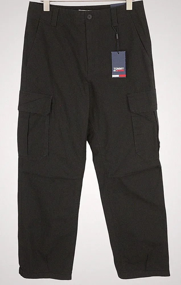 Tommy Jeans Aiden Baggy Cargo Herren Hose W33/L34 Schwarz Strukturiert Zip Fly