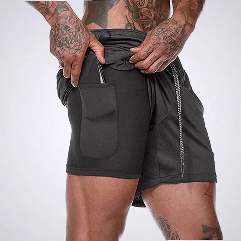 Trainingsshorts Herren Kurz 2 in 1 Kompressionsfutter Schwarz Atmungsaktiv