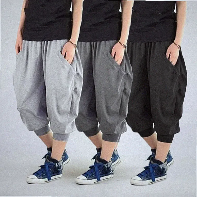Unisex Baumwoll Crop Harem Shorts Joggerhose Lockerer Schnitt Kordel L-8XL