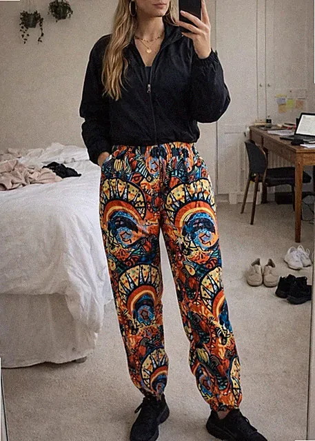 Vintage Doodle Windbreaker Hose Radhose Sporthose Haremshose Jogger Parachute