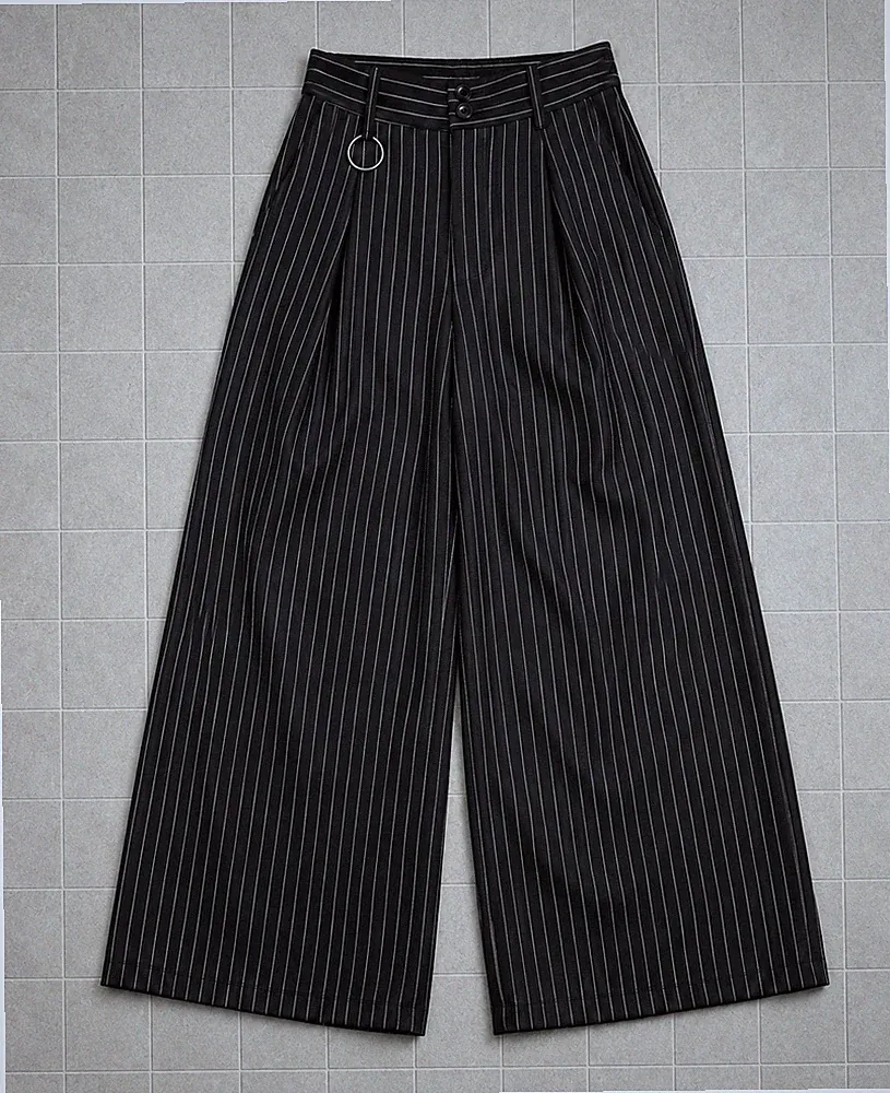Vintage Herren Anzughose Palazzohose L schwarz gestreift Gürtel Ring Bundfalte