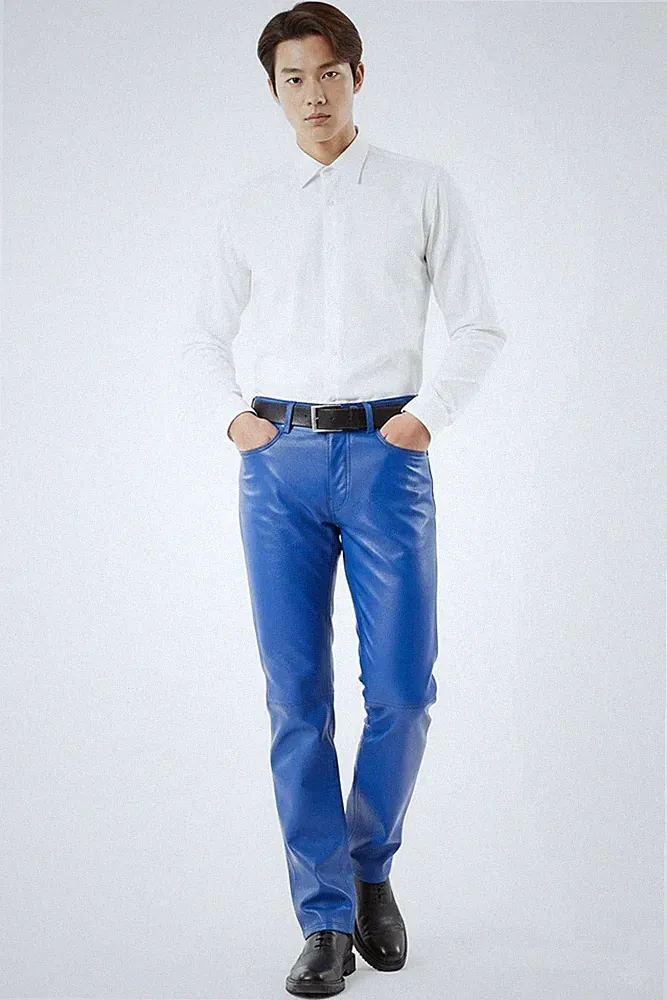 Wear Hose weiches Leder Lammleder hochwertig blau Herren echte Jogginghose