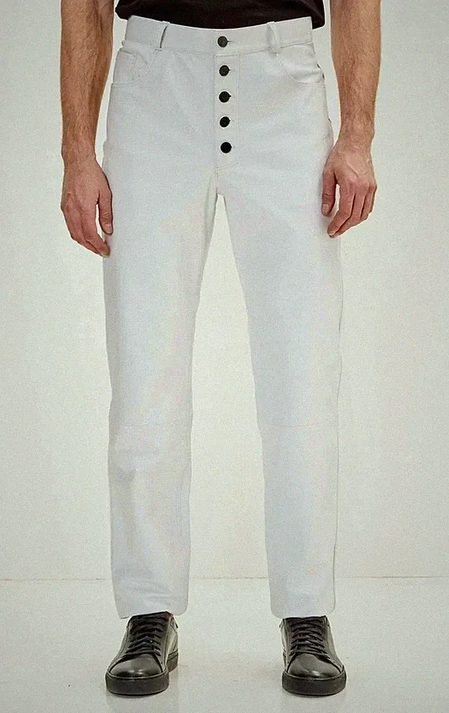 Weiße Button Fly Leder Jogginghose für Herren | Echtes Lammfell Leder Jeans H...