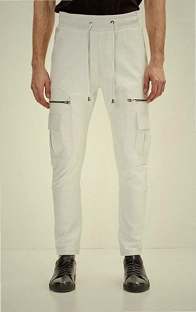 Weiße Cargo Biker Lederhose für Herren | Echt Lammfell Leder Jogginghose Hose...