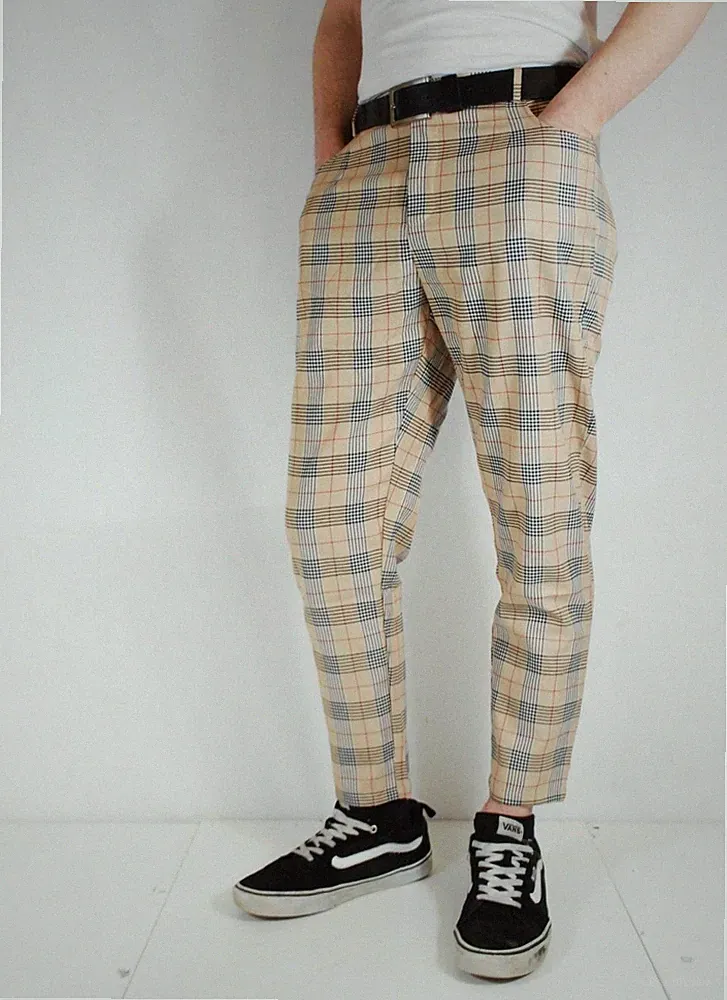 Wolf Clothing Herren Slim Fit Tartan Sta-Press Hose Beige 60er Golf