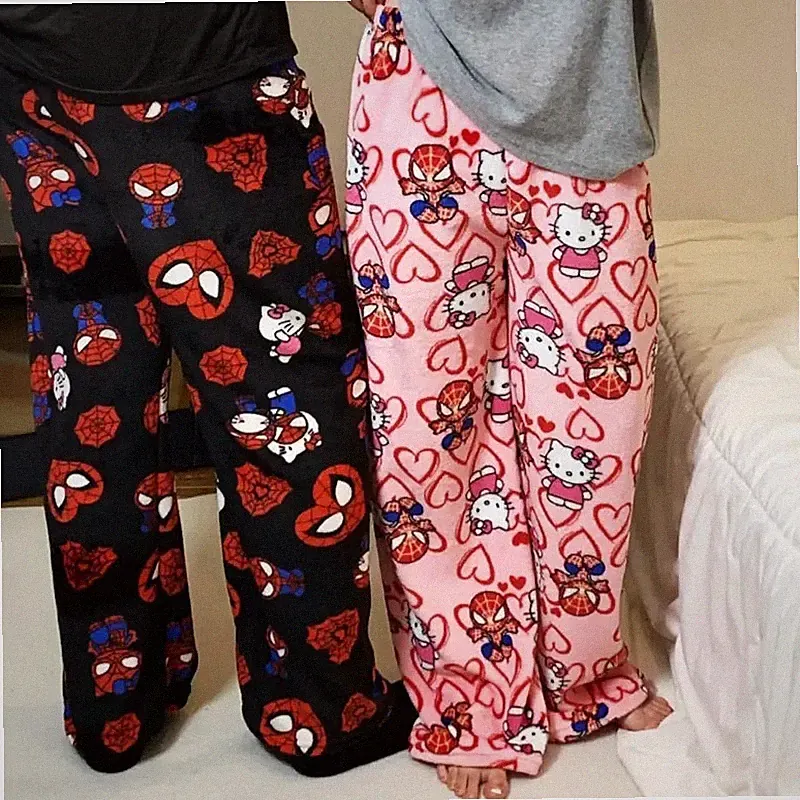 Y2K Hello Kitty Spiderman Anime Paar Pyjamahose Pyjama Fleece Loungewear