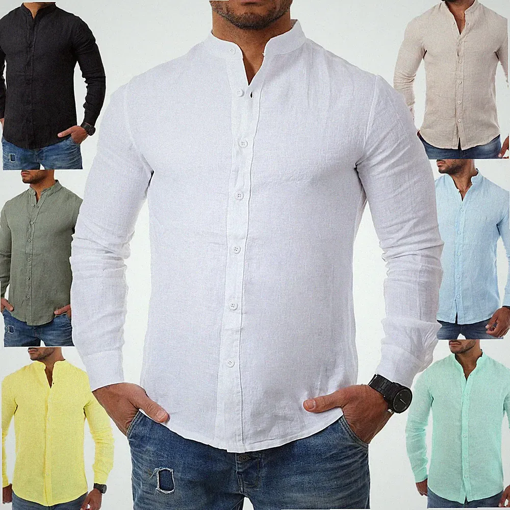 Young & Rich Herren Leinen Hemd Stehkragen langarm slim fit 100% Leinen H1651