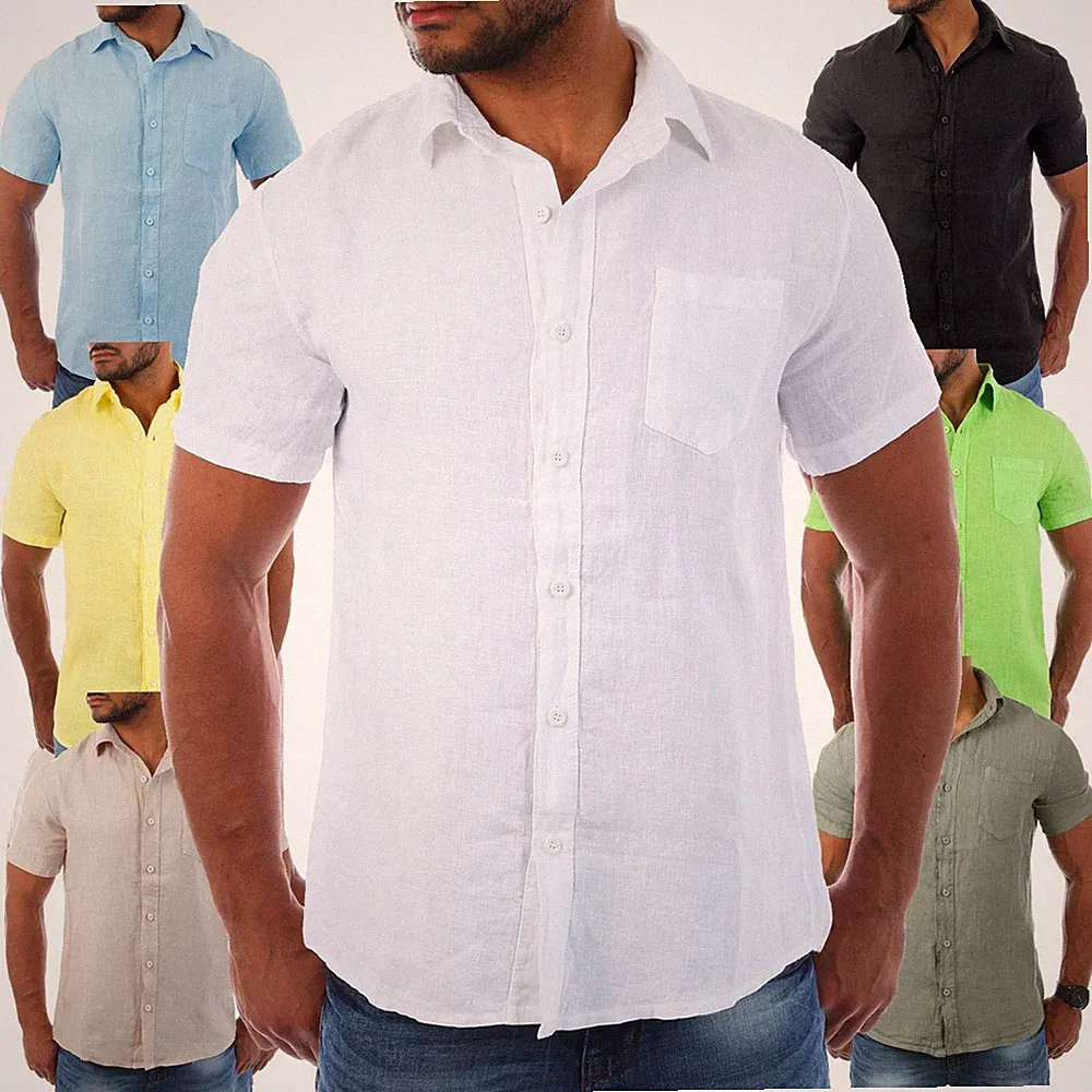 Young & Rich Herren Leinenhemd kurzarm körperbetont slim fit 100% Leinen T3158