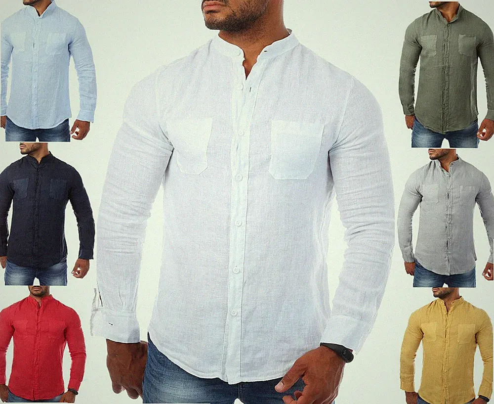 Young & Rich Herren Leinenhemd Stehkragen körperbetont SlimFit 100% Leinen T3146